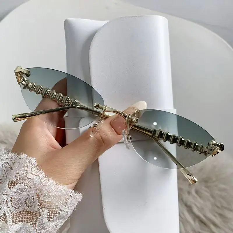 New Cat Eye Rivet Rimless Sung - Designer Sunglasses ulasan dan harga